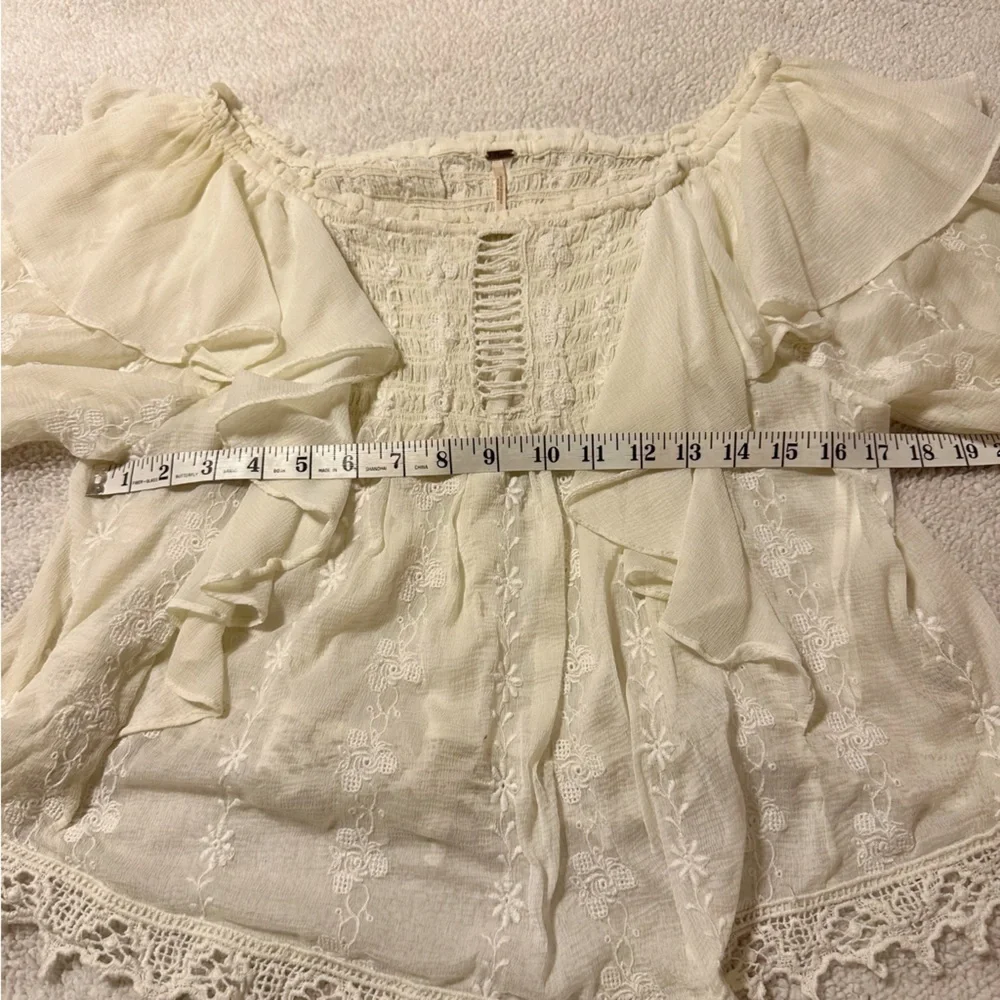 Free People Cream Lace Peasant Blouse with Ruffled Shoulders
